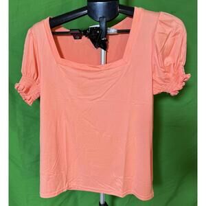 Misifi Peach Short Ruched Sleeve Top Blouse  Square Neckline Womens Size M NEW